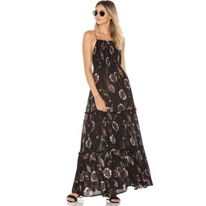 Free People Garden Party Dress Womens L Black Floral Halter Maxi Sundress Boho